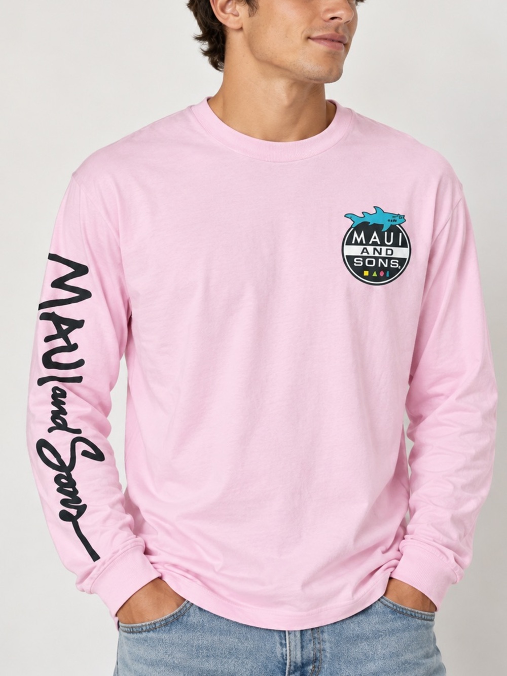 Maui and Sons Pink Shark Logo Long Sleeve Graphic Tee Men's Large